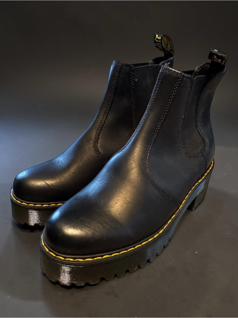 Dr. Martens Black Leather Rometty Boot with Yellow Stitching Accents